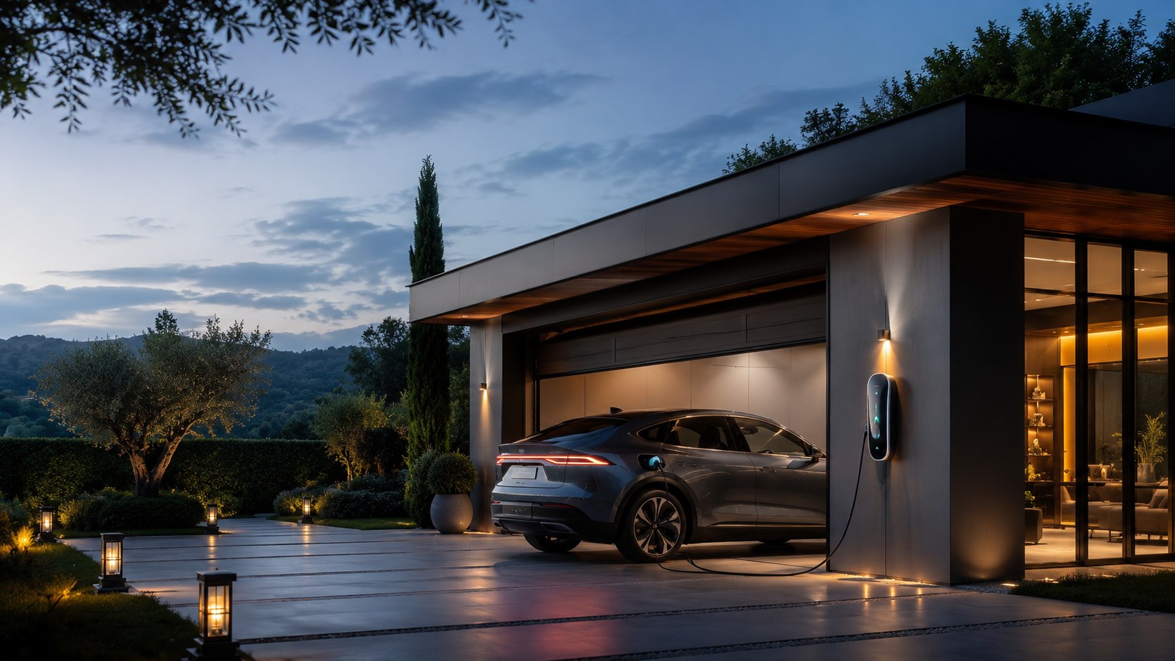 EV charger installation at dusk